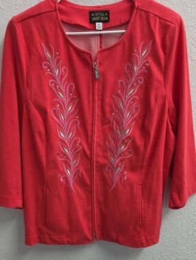 Bob Mackie Smart Denim Embroidered Zip Front Jacket Coral Pink XL